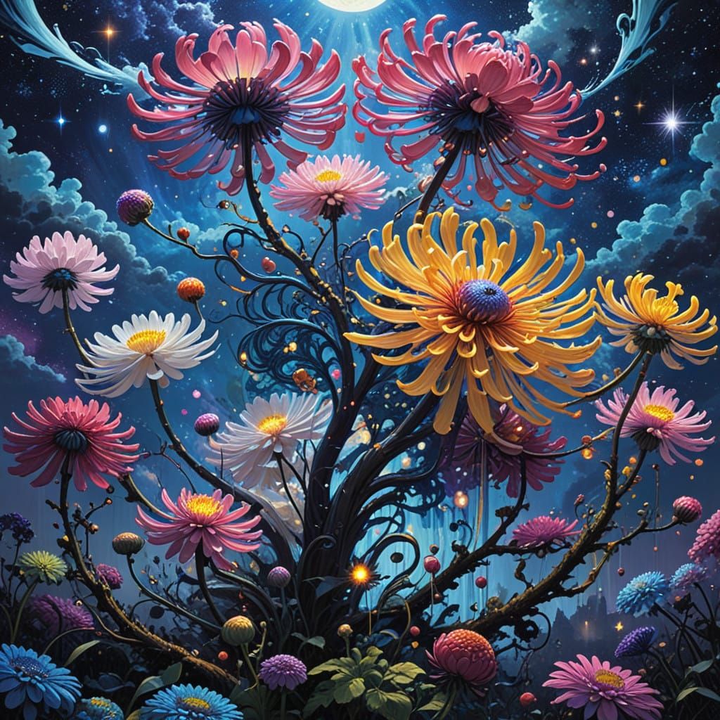 Celestial Chrysanthemums in Dazzling Fireworks Colors, Starr...