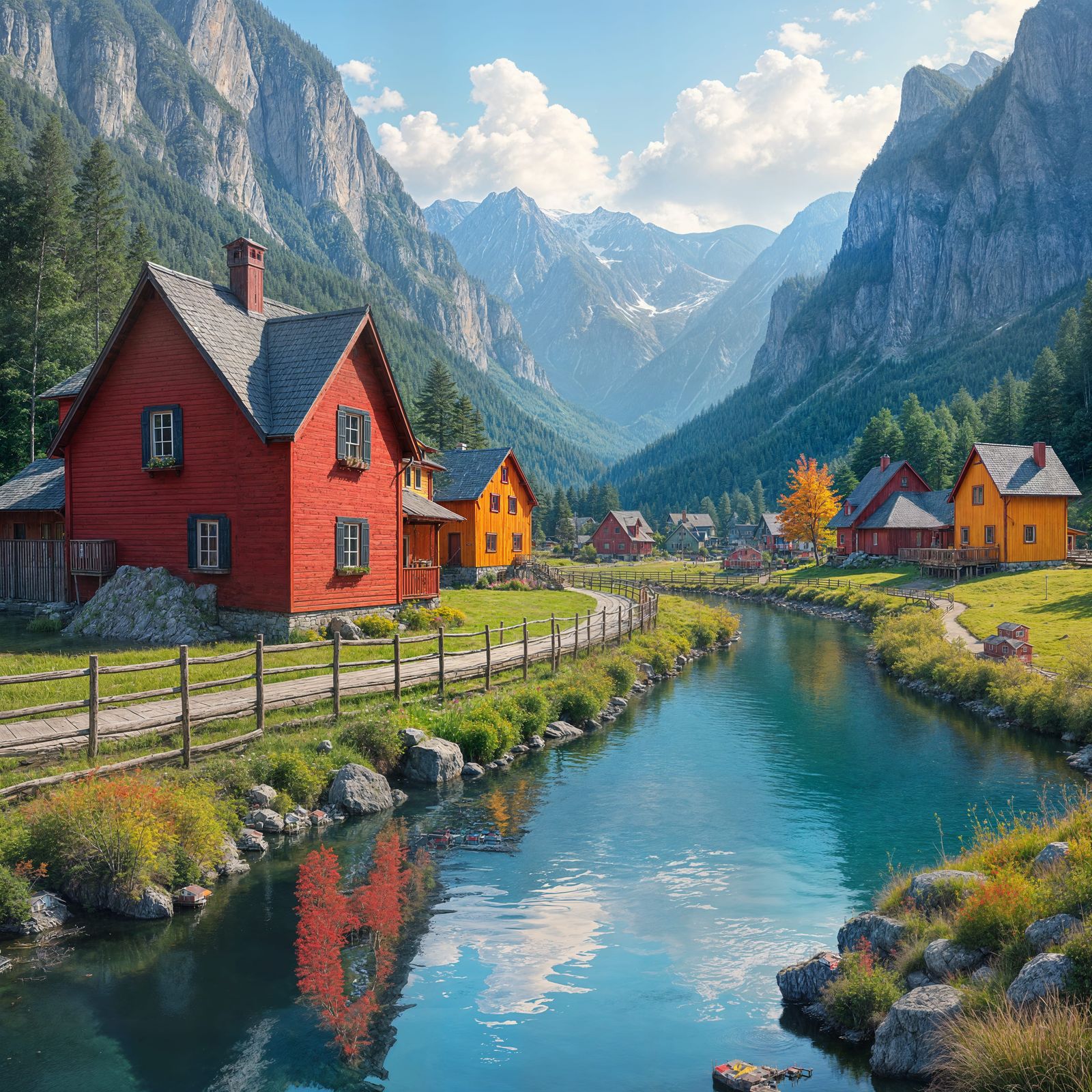 Vibrant Mountain Village Scene in Whimsical Style