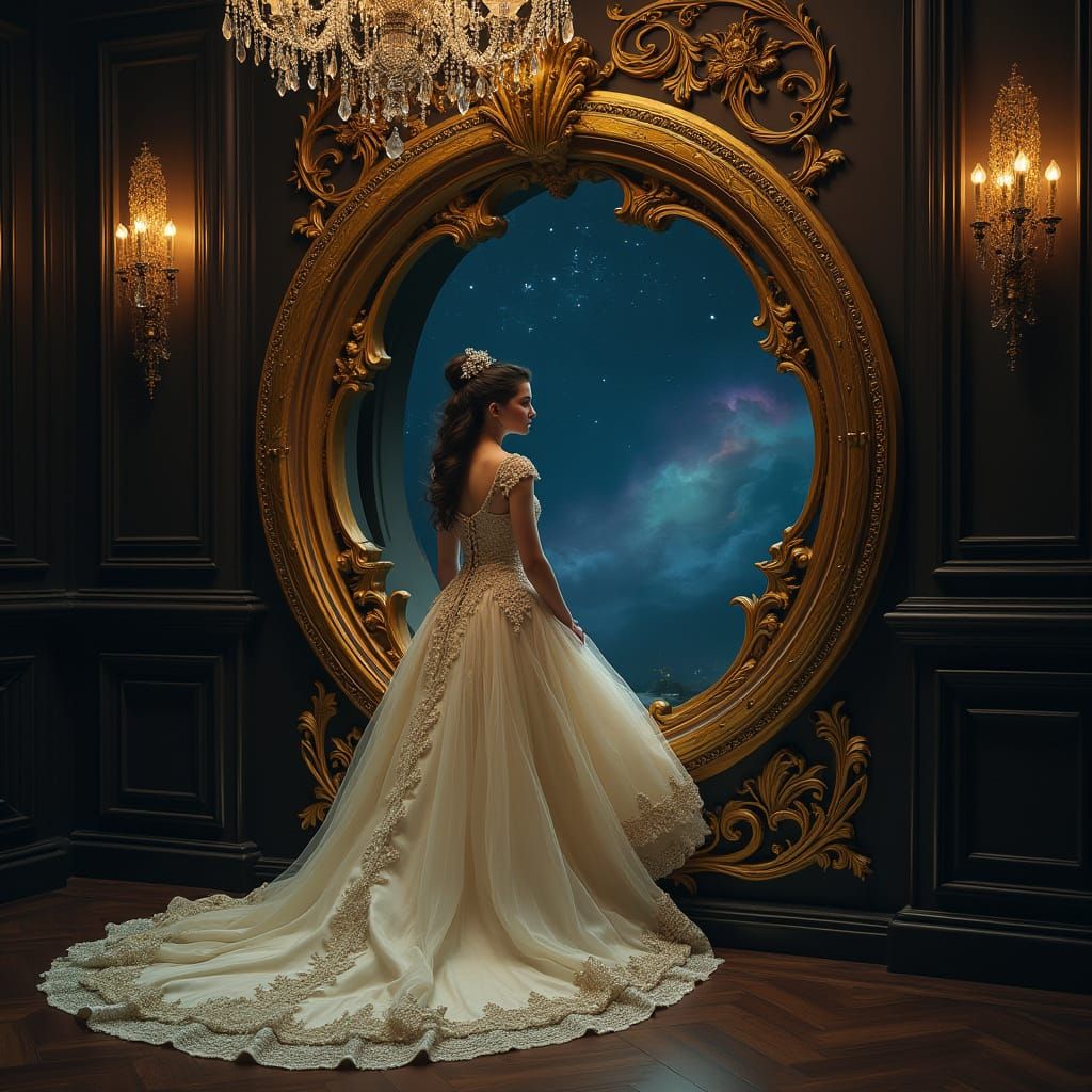 Romantic Era Woman Enters Golden Portal to Alien Sky