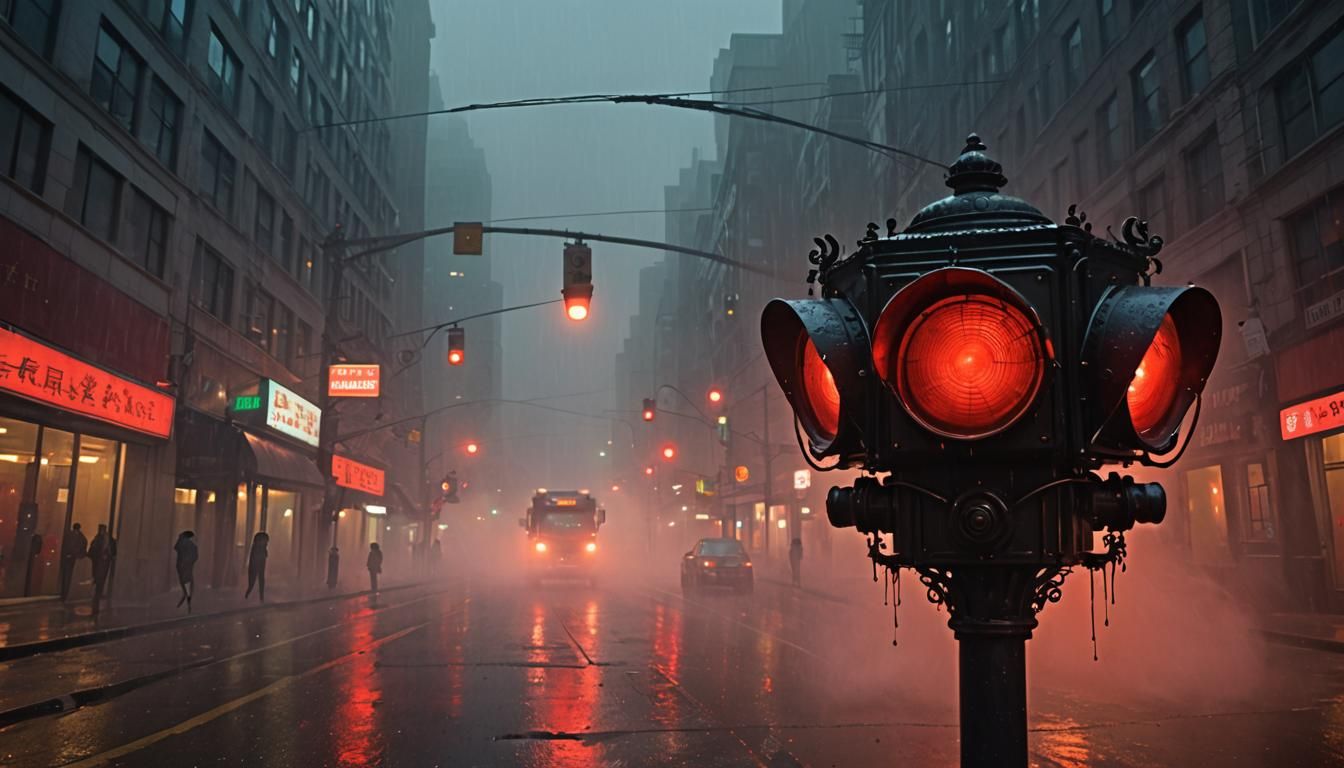 Crimson Traffic Light in Fog, Anime Style