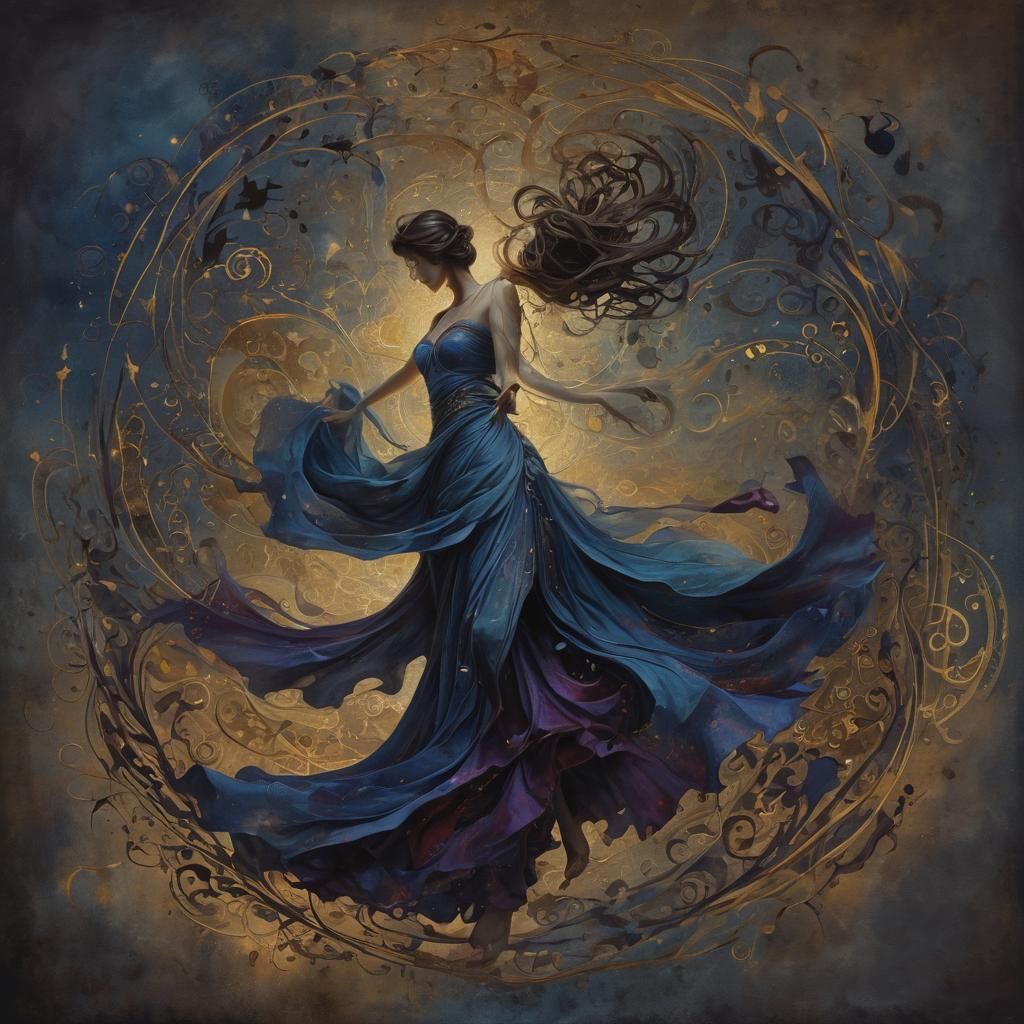 Calligraphic Woman in Dark Fantasy Art Nouveau Style