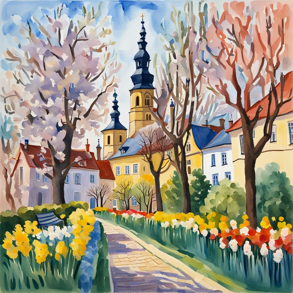 Kutná Hora Spring Watercolor in Gouache Style
