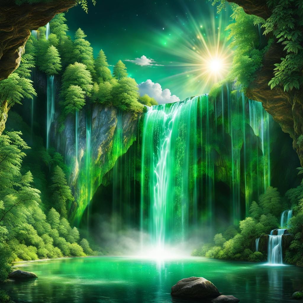 Emerald Eyes Behind a Crystal Waterfall