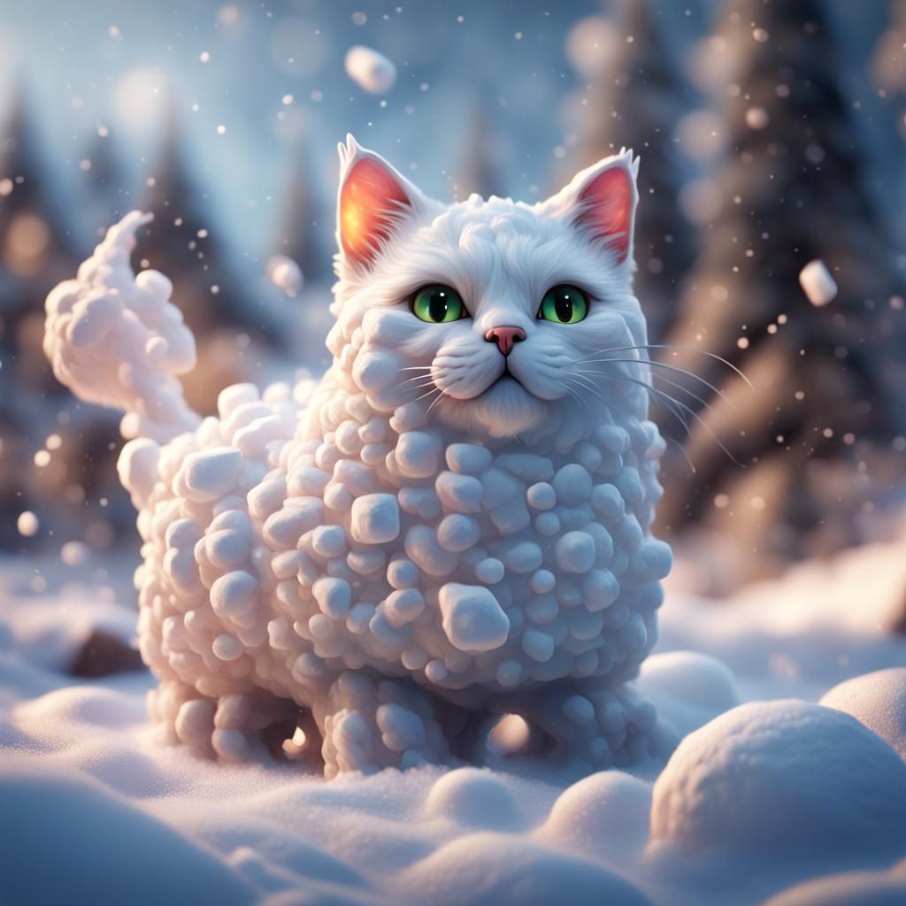 Marshmallow Cat in Snow: Detailed Digital Art