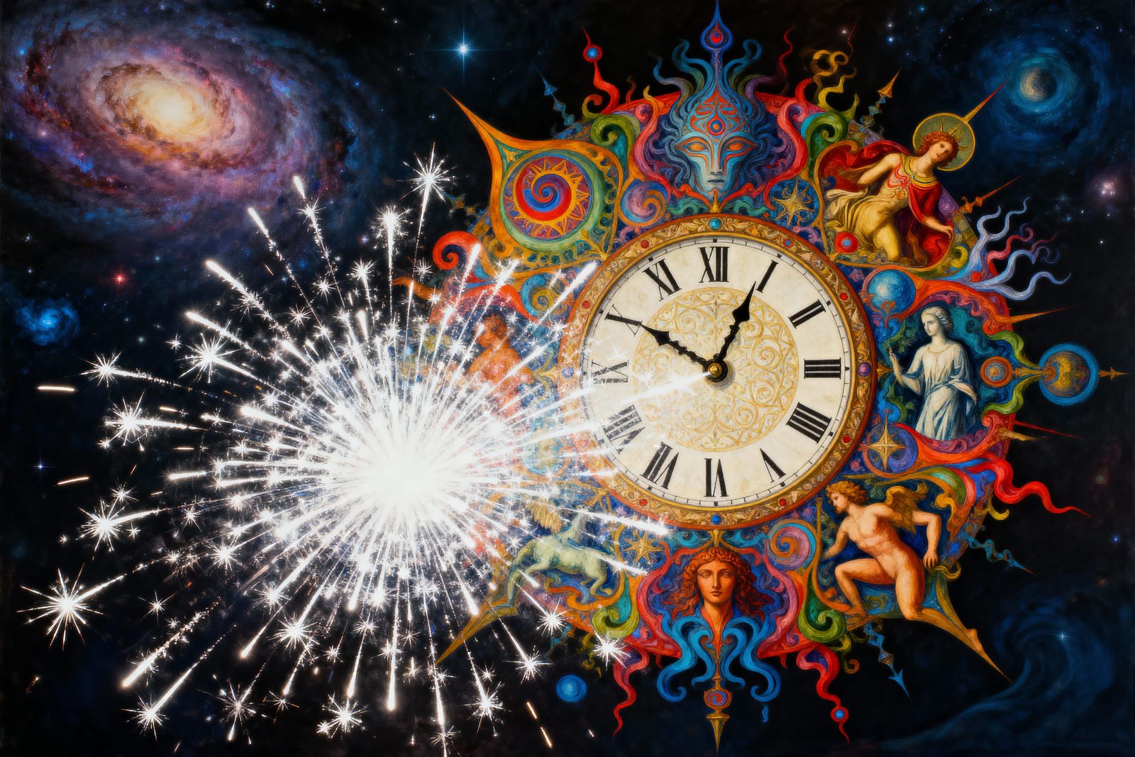 Midnight Time Mandala Bursting with Surrealism and Fireworks