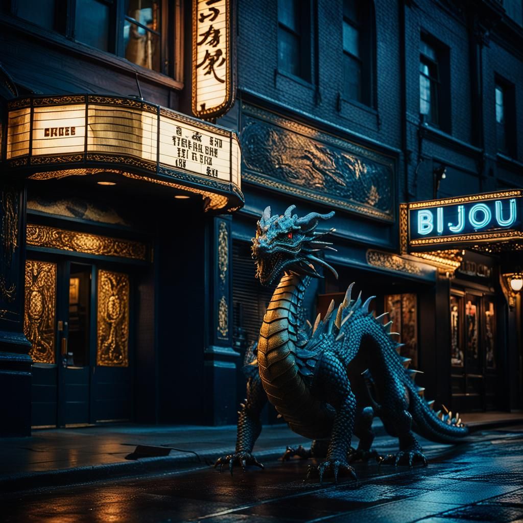 Dragon Outside Bijou Theatre: Cinematic Film Still