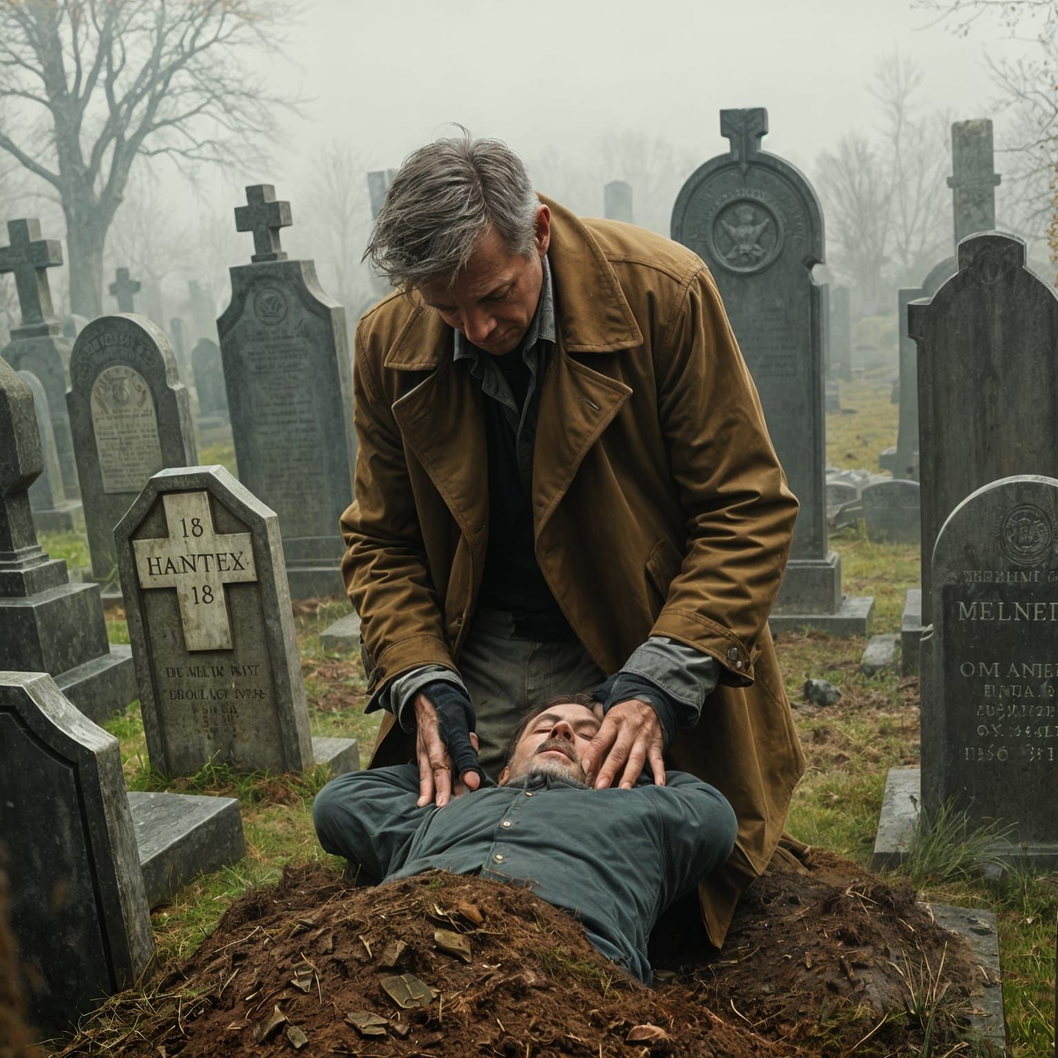 Sorrowful Burial in Misty Graveyard: Realistic Style