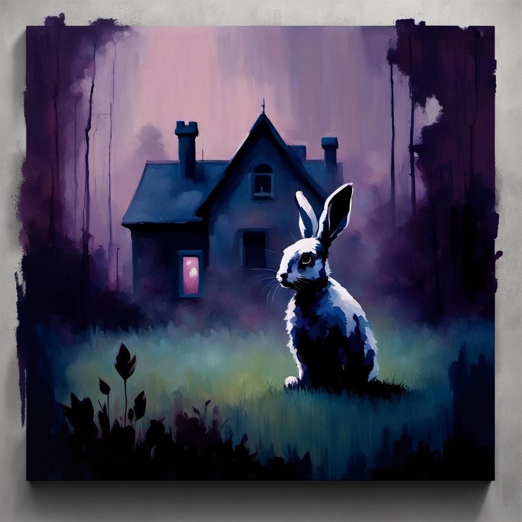 Melancholic Rabbit at Haunted Manor in Surreal Style