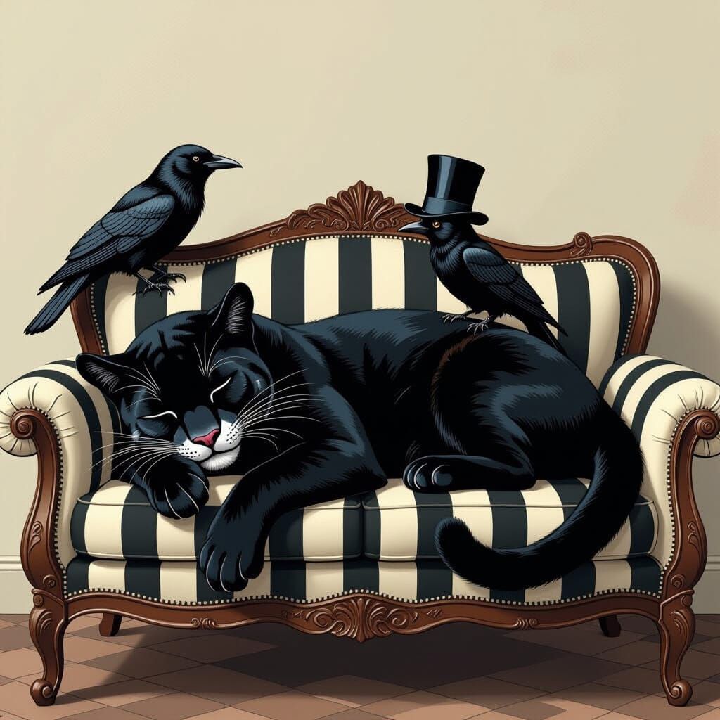 Panther Sleeps on Striped Couch with Crow in Top Hat