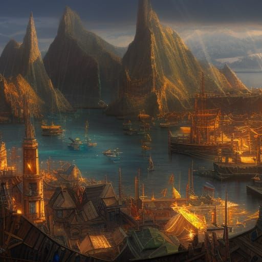 Fantasy Hobbit Harbor City: Digital Art on Artstation