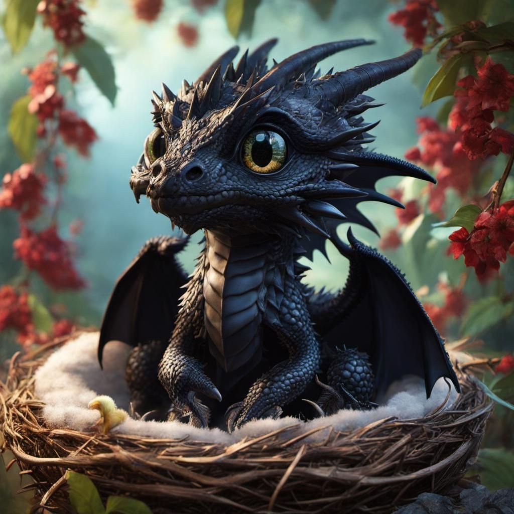 Adorable Black Dragon Portrait in Anime Style