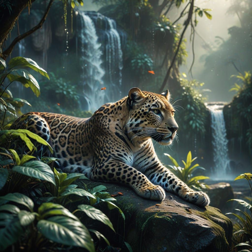 Majestic Leopard in Tropical Jungle Hyperrealistic Art