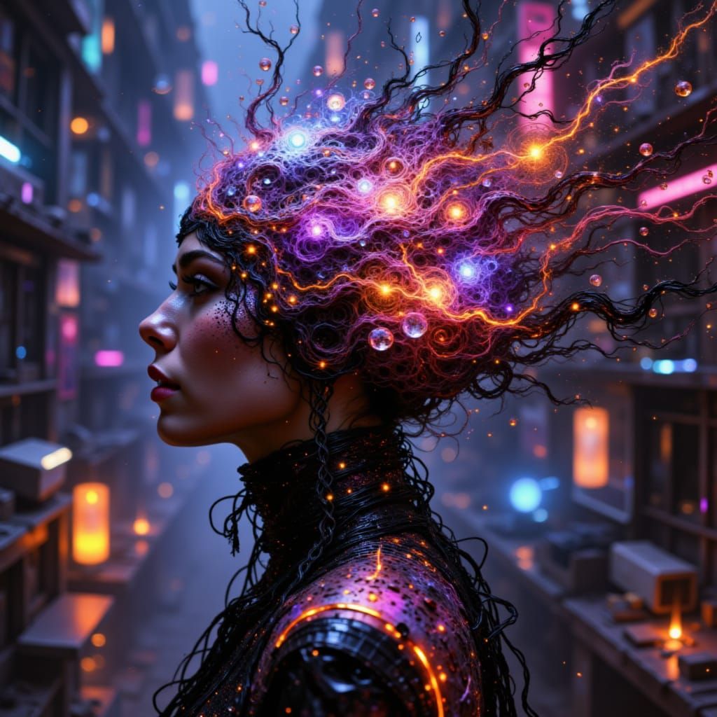 Cyberpunk Woman's Head with Neon Neural Pathways