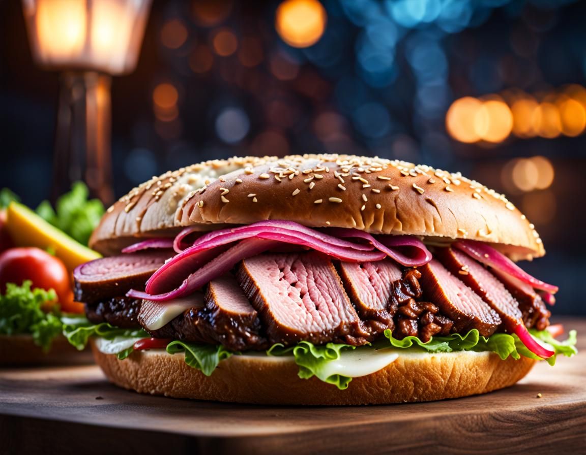 Hyperrealistic Roast Beef Sandwich with Neon Background