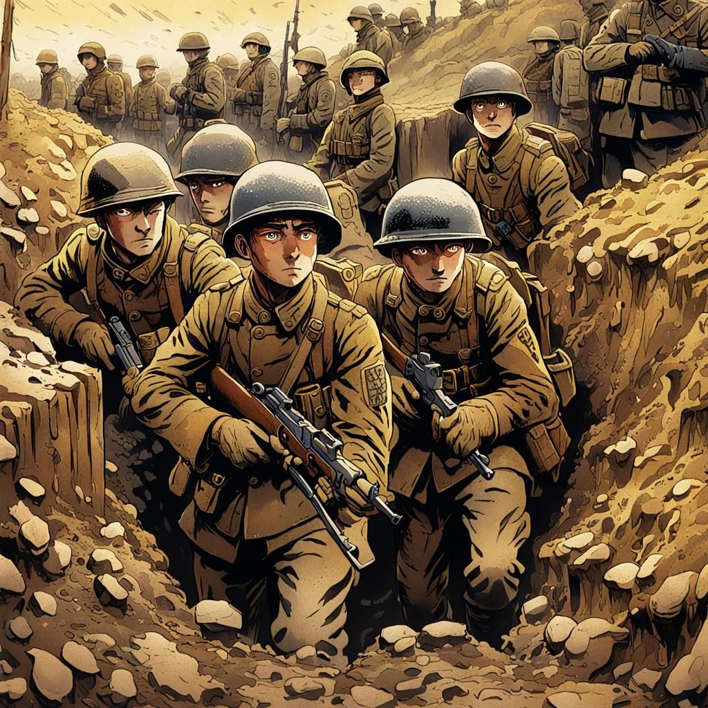 WWI Soldiers in Trench, Manga Scan Style