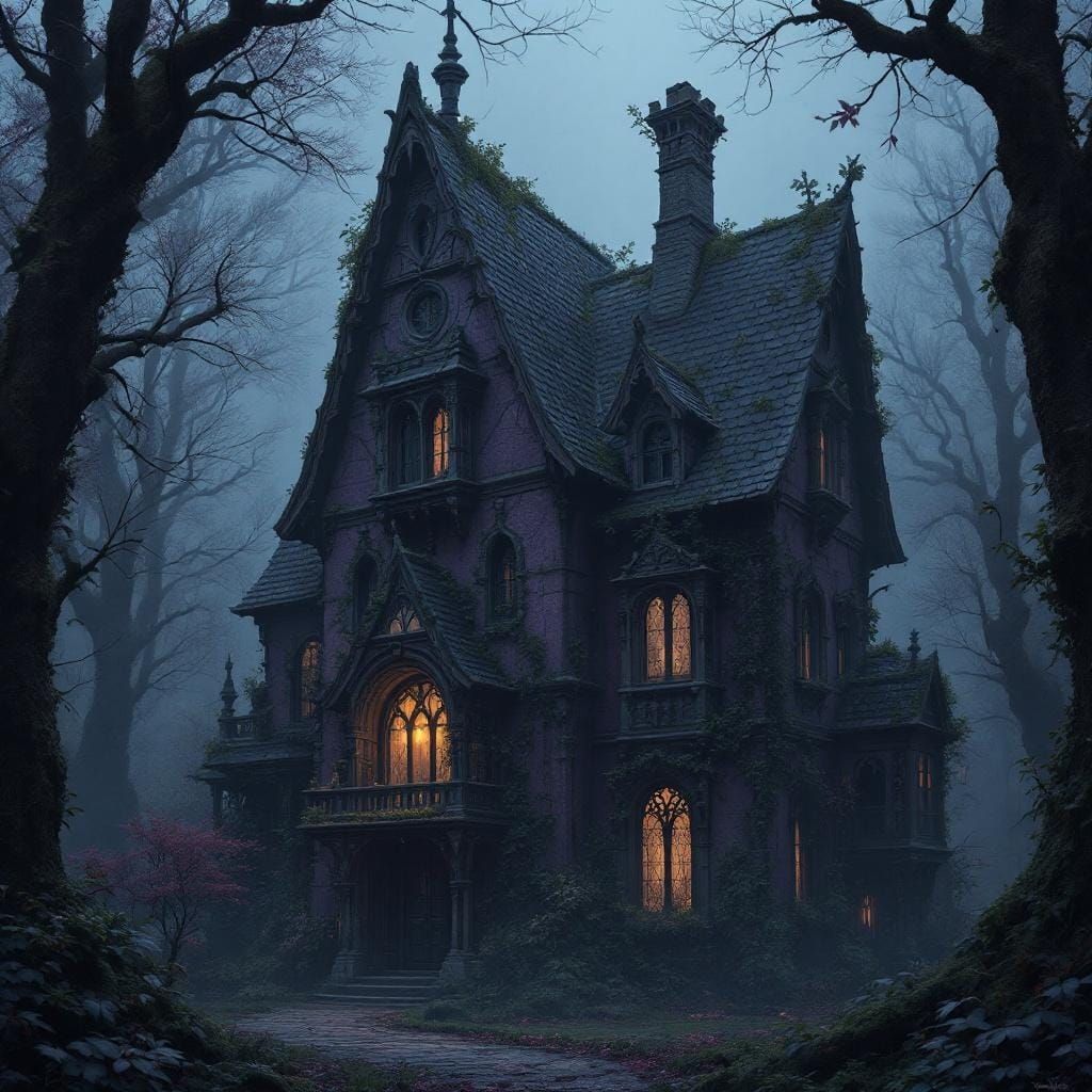 Gothic Fairy-Tale House in Misty Forest