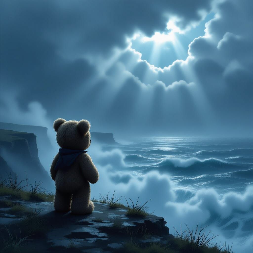 Teddy Bear on Windswept Cliff in Moody Landscape
