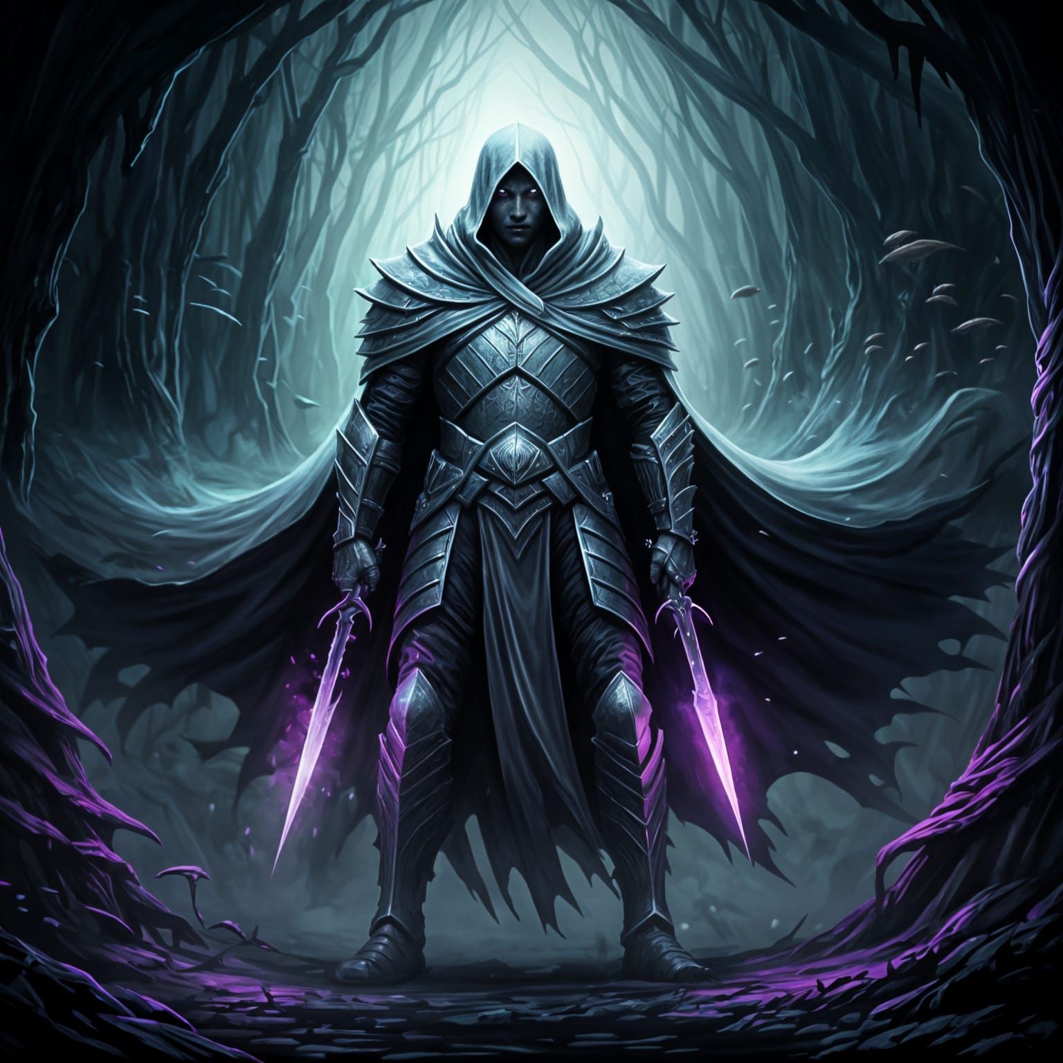 Drow Warrior in Shimmering Fog Armor, Dark Fantasy Art