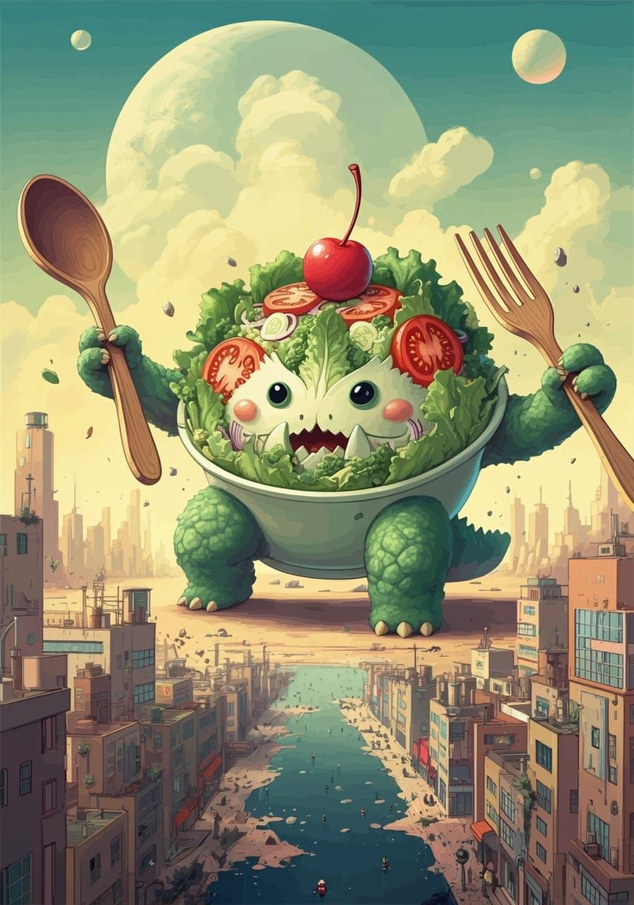 Salad Kaiju Rampage in Dreamlike Cityscape