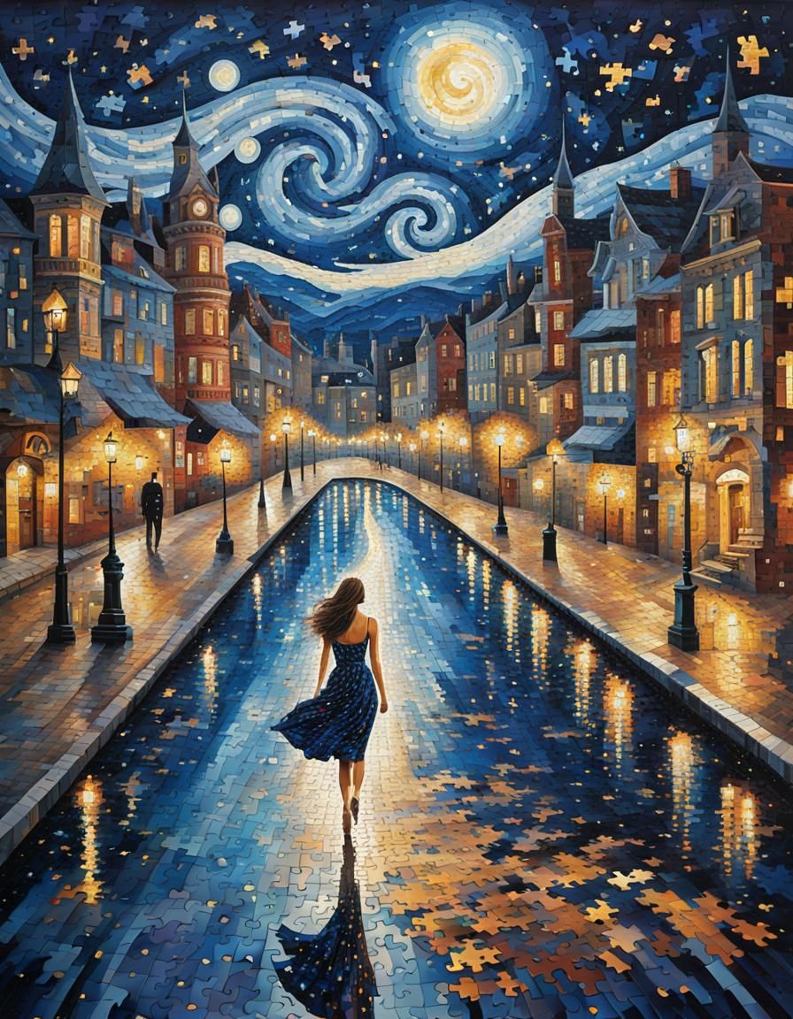Puzzle Art: Woman Walks in Starry City Night