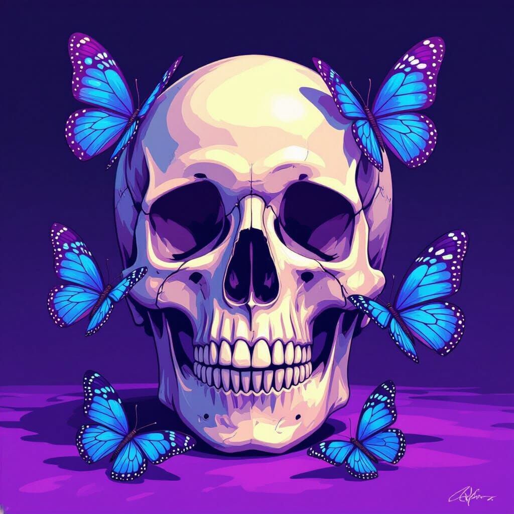 Skull with Butterflies in Blue and Purple Day of the Dead St...