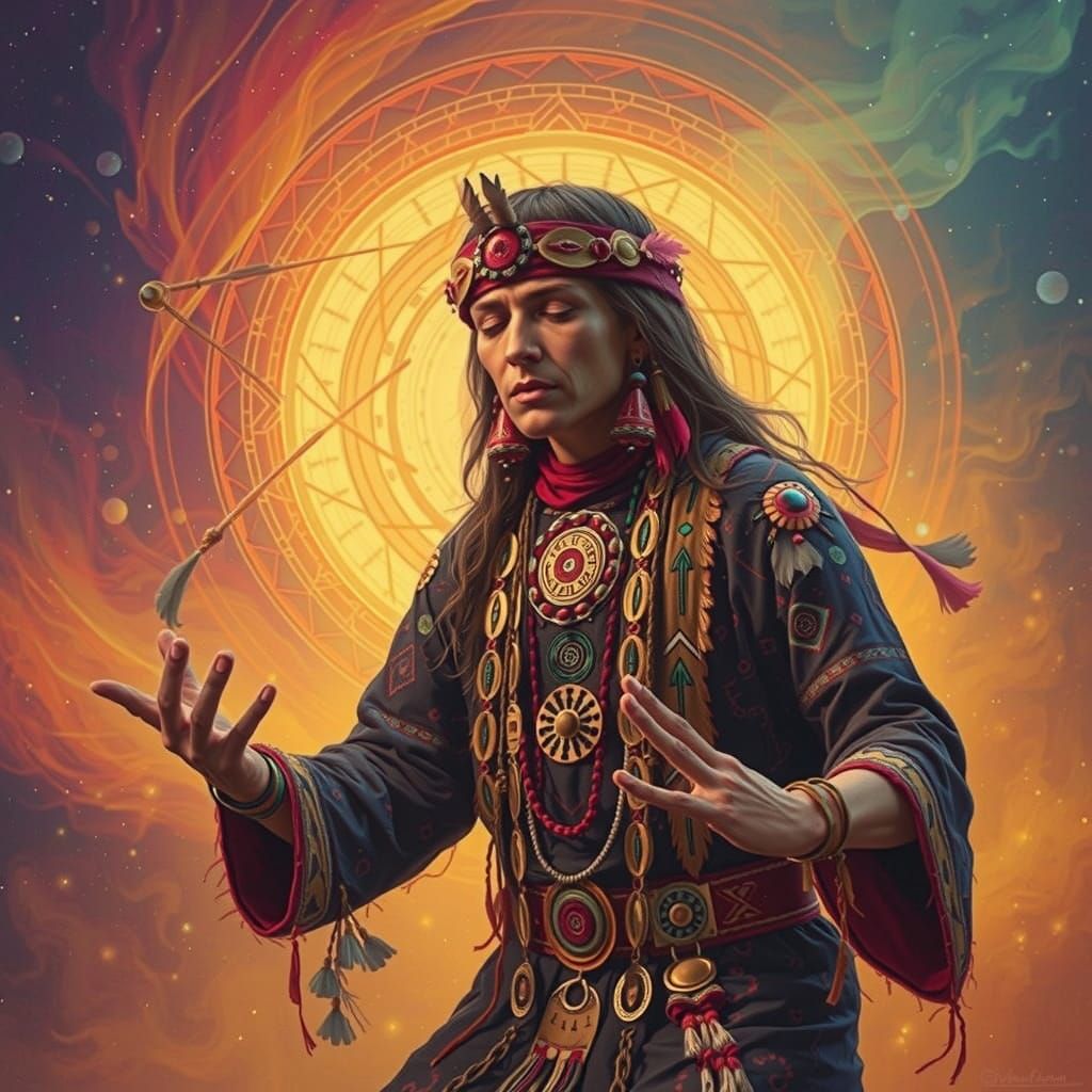 Mystical Shaman Invokes Spirits Under Aurora Borealis