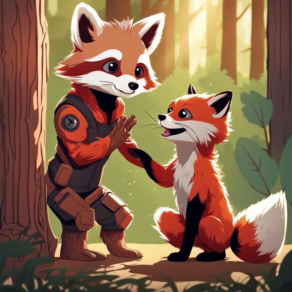 Groot and Red Panda-Fox Hybrid Friendship