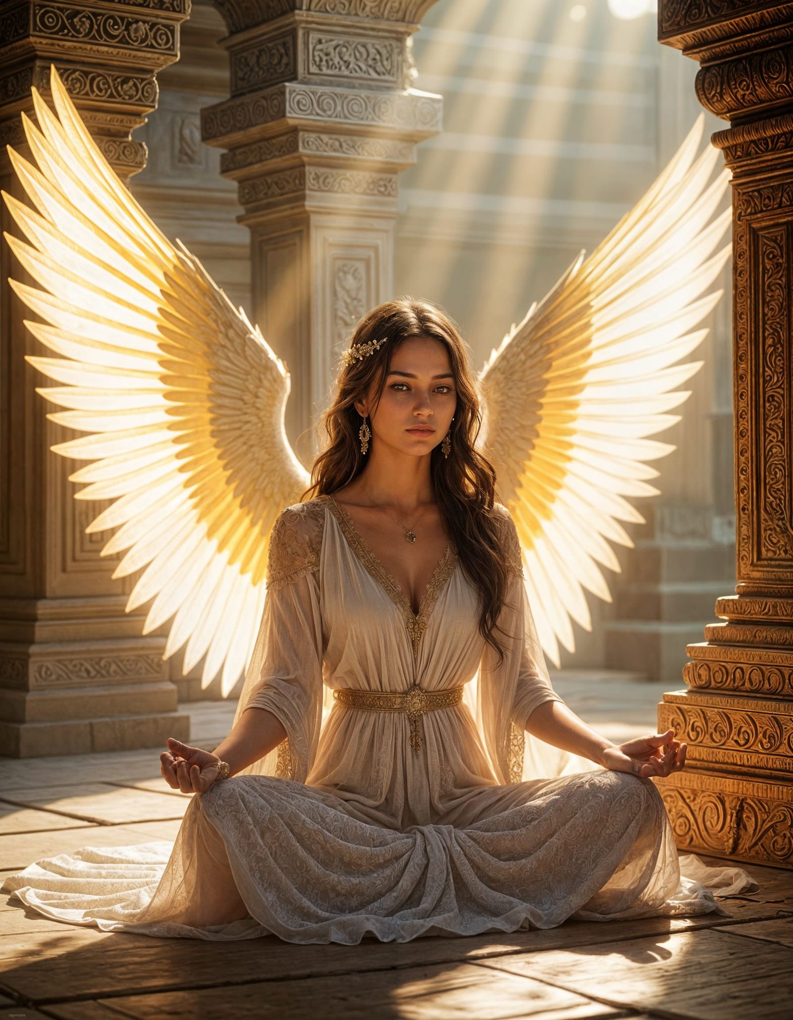 Meditative Angel with Glowing Golden Wings in Ancient Temple