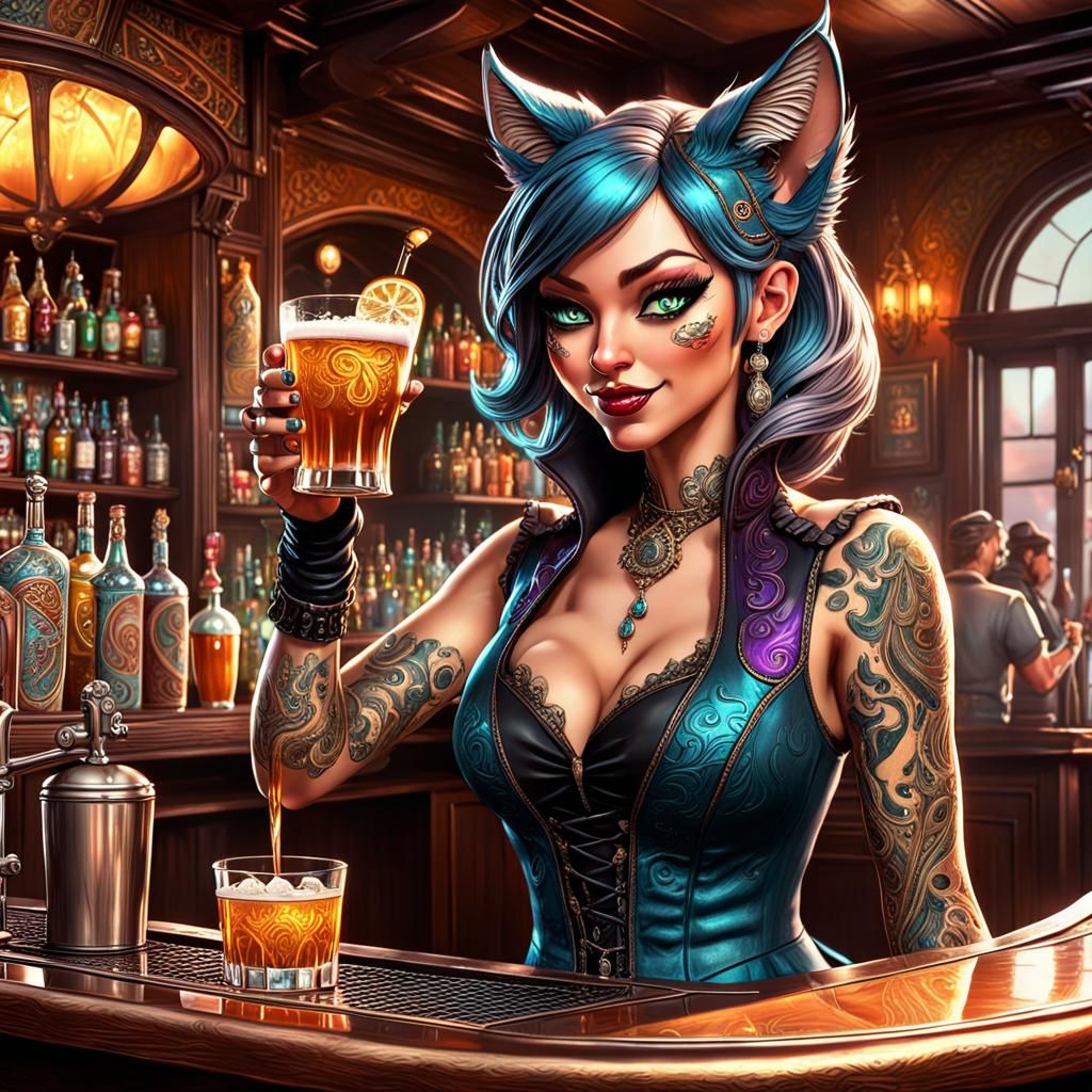 Catgirl Bartender in Saloon: 3D Art Illustration