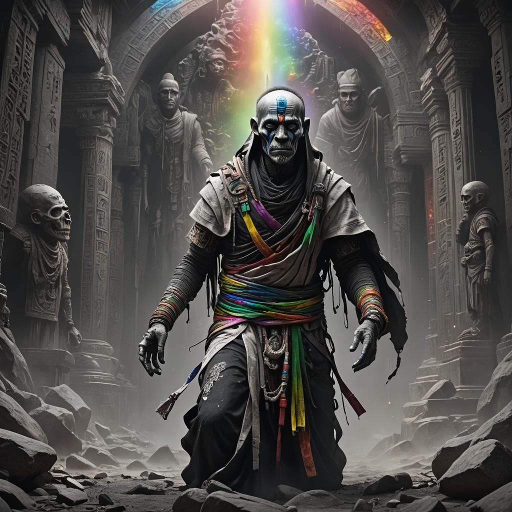 Mummified Figure with Rainbow Light, Detailed Matte Painting