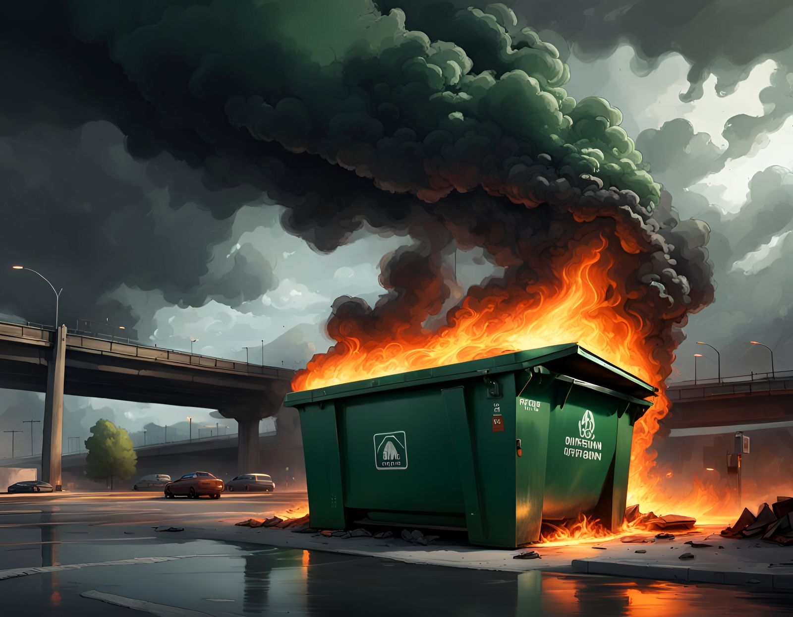 Fiery Dumpster Under Overpass: Dark Fantasy Concept Art