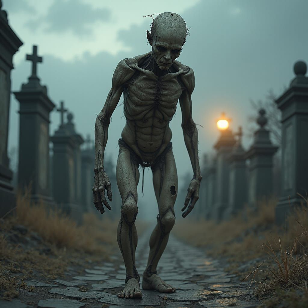 Damaged Figure in Abandoned Gothic Graveyard