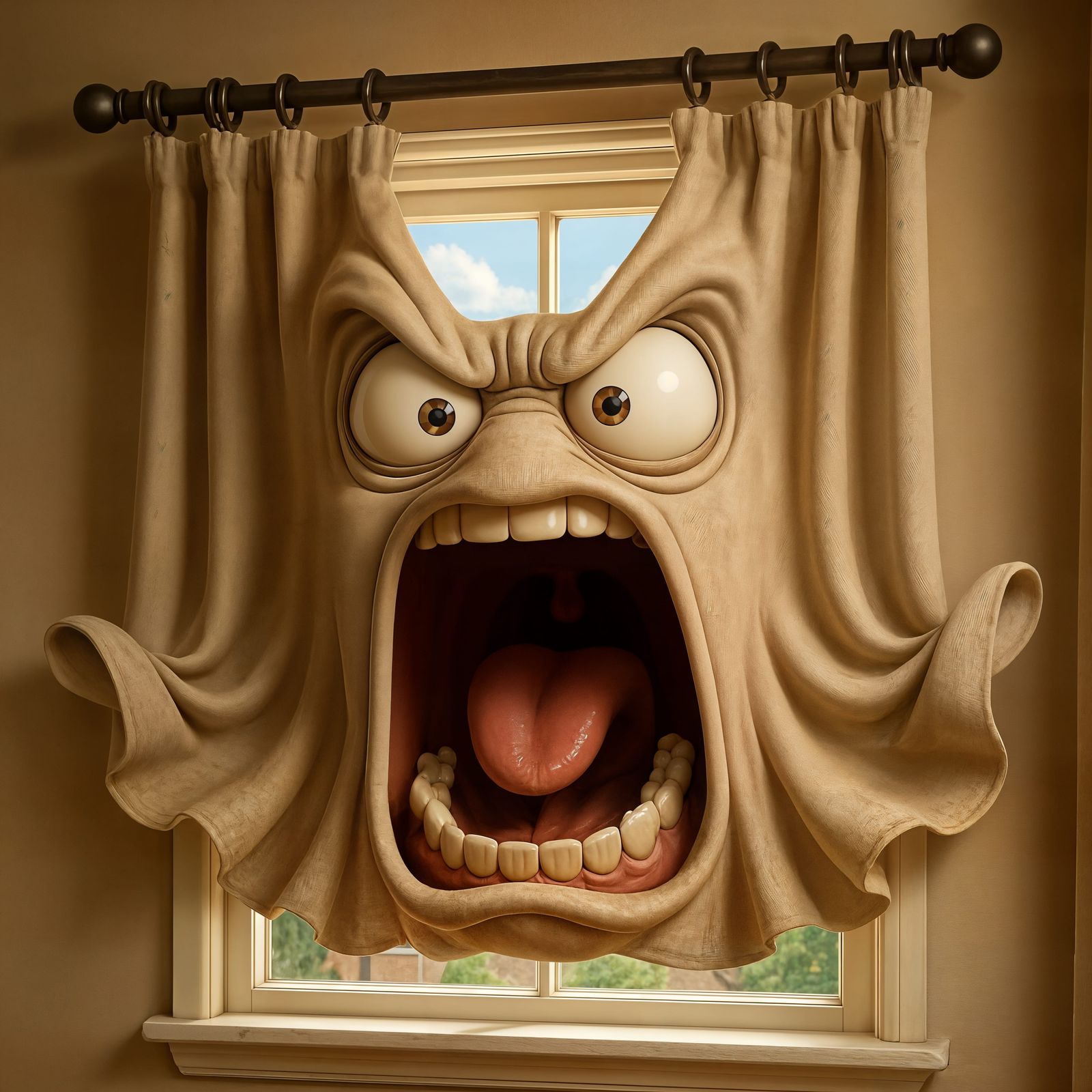 Screaming Angry Drapes in Cartoon CGI Style