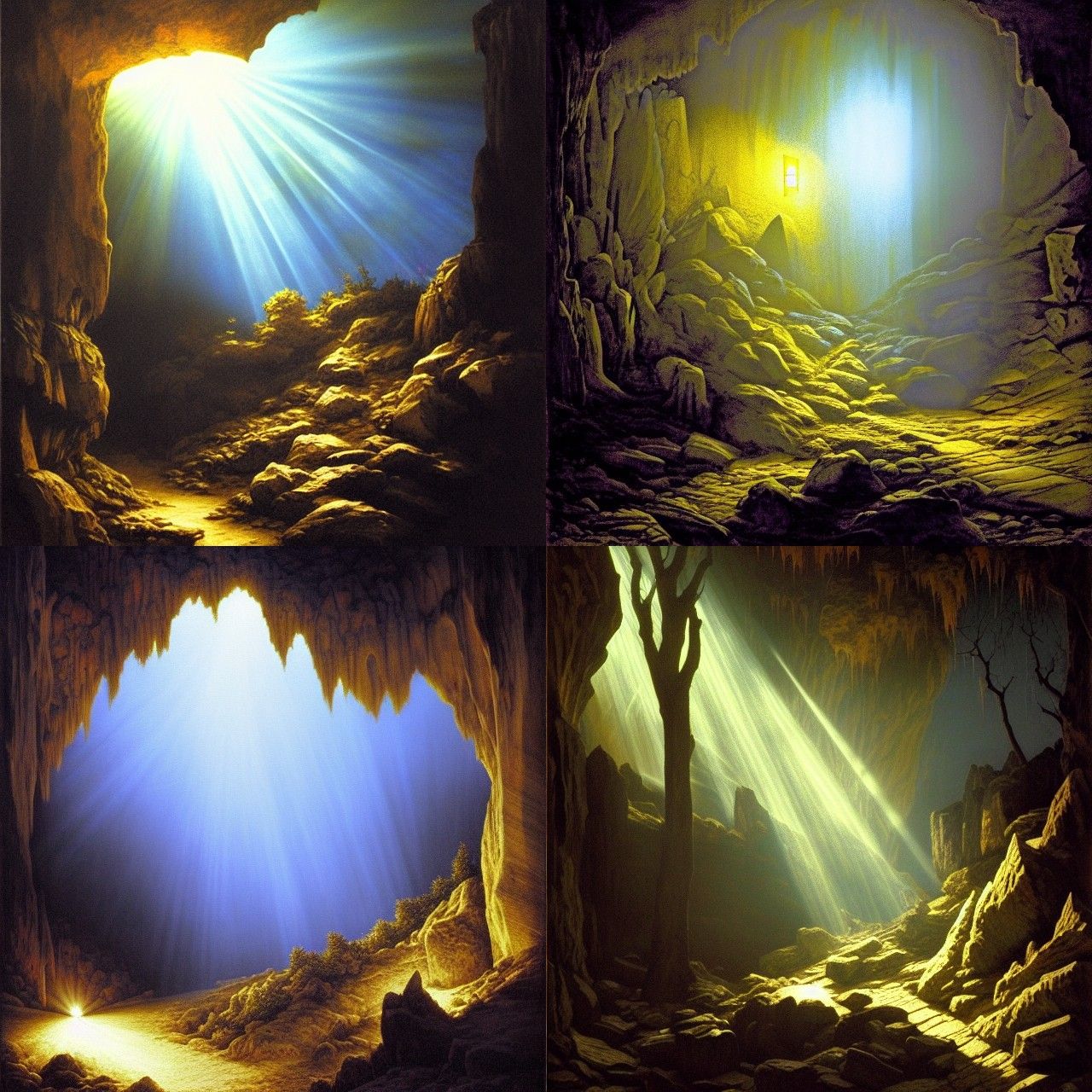 Surreal Cave Portal Emitting Light in Mountain Landscape