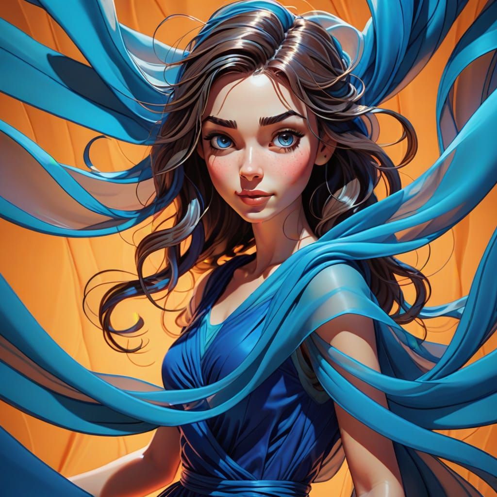 Girl Tangled in Blue Chiffon, Whimsical Cartoon Style