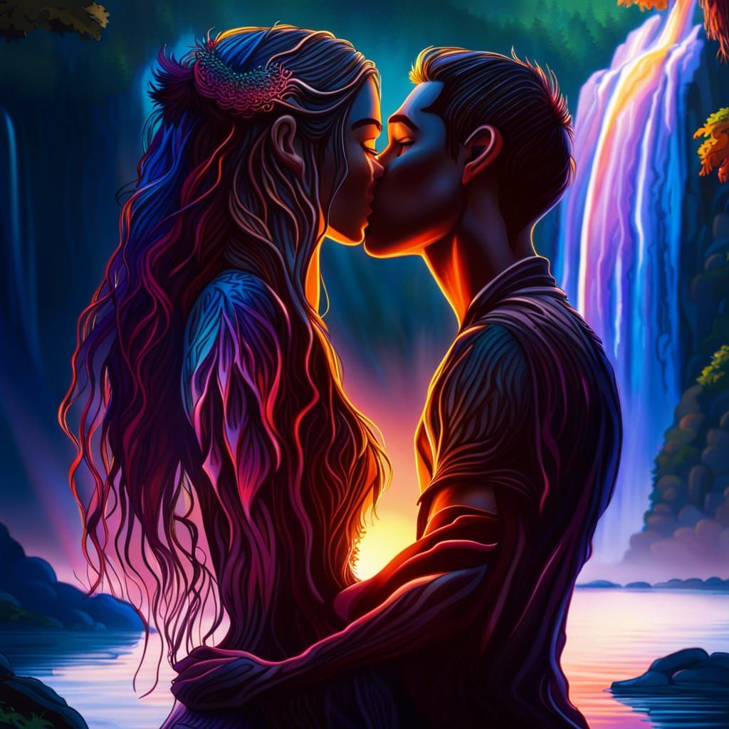 Kissing couple standing in lake