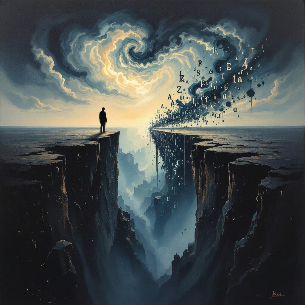 Figure at Precipice Over Ink Abyss, Surrealist Oil Painting