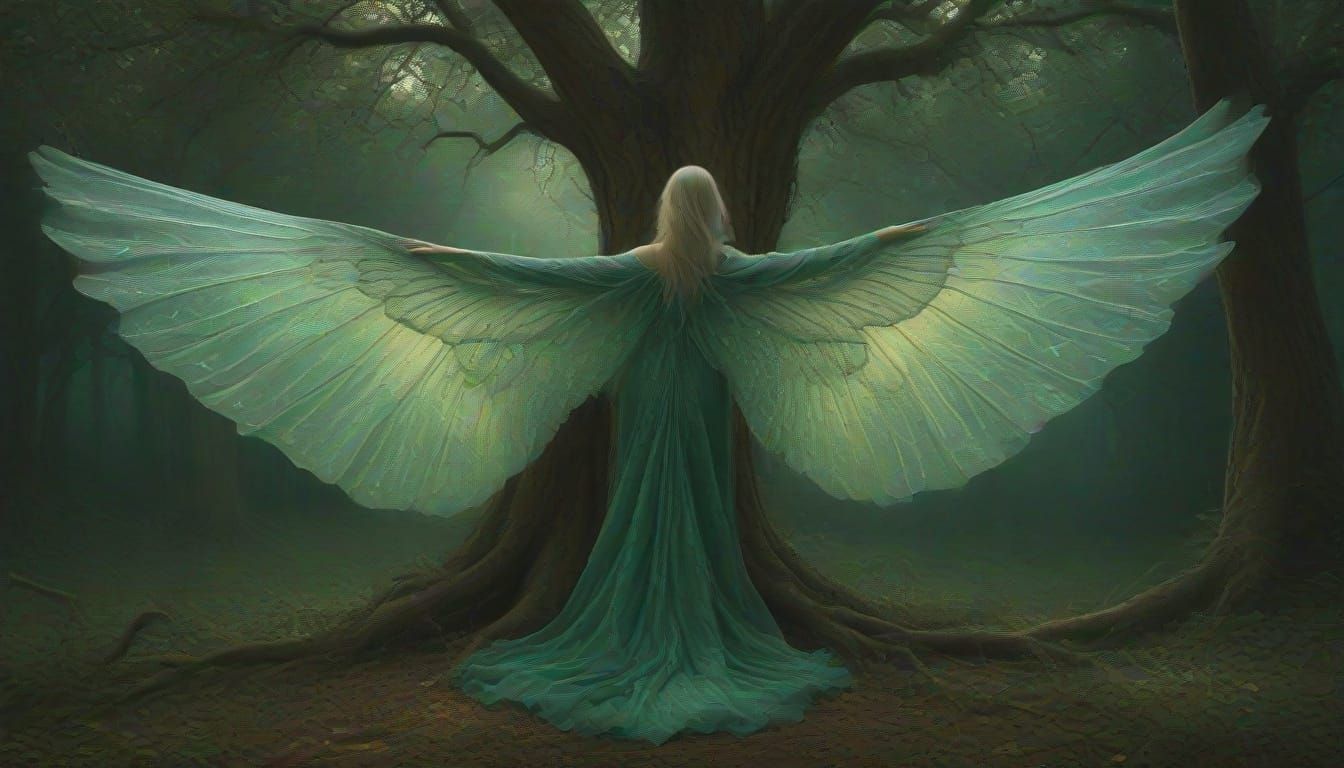 Ethereal Oak Spirit Unfurls in Vibrant Emerald Forest