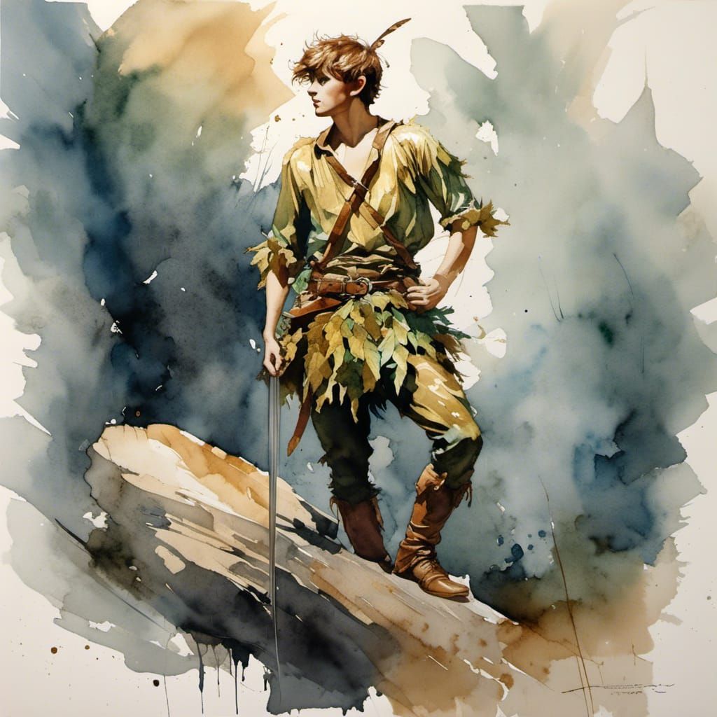 A portrait of a peter pan standing on a rock with his hands on his hips dressed in  leaf clothing, a gold sword with a w...