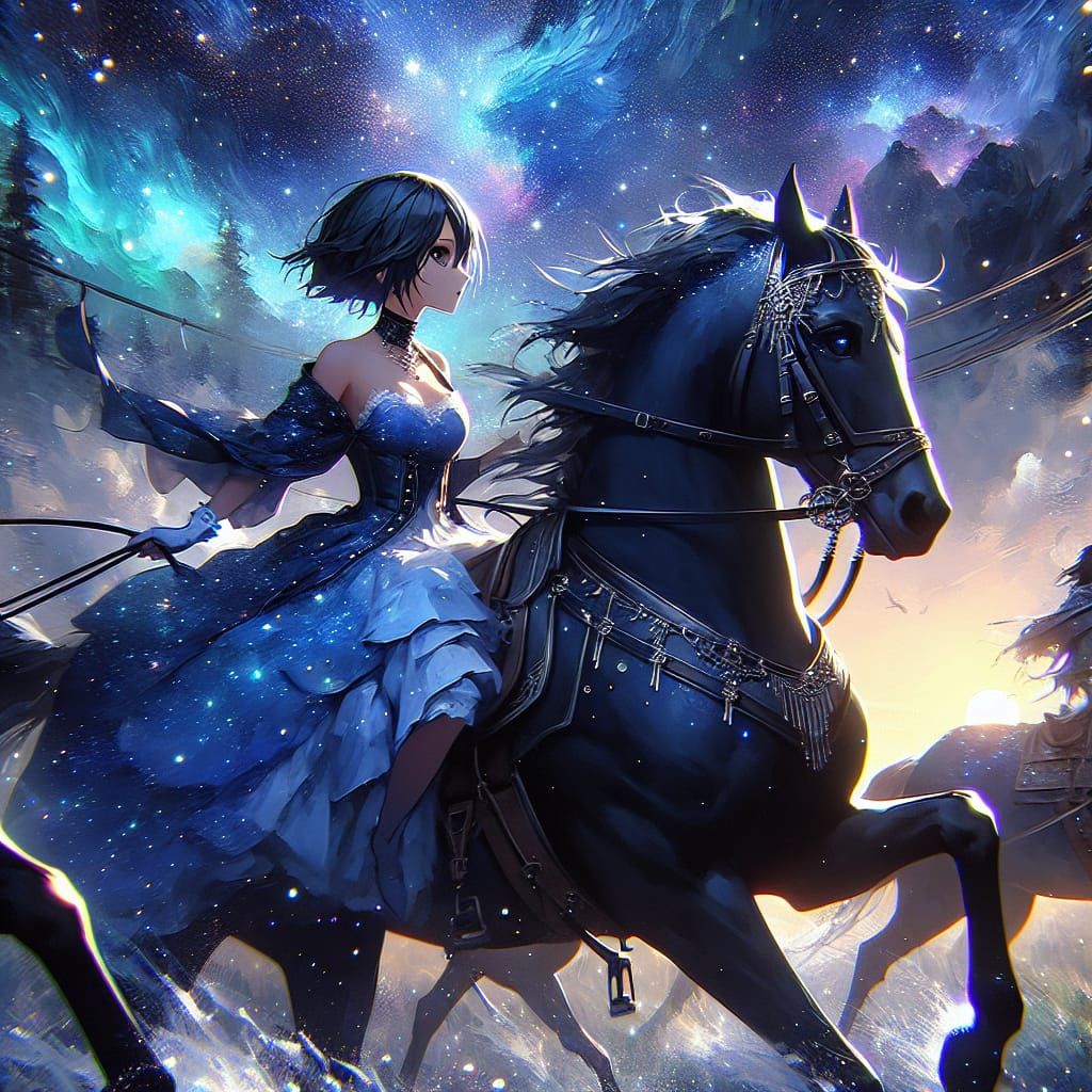 Anime Woman on Horseback in Starry Night