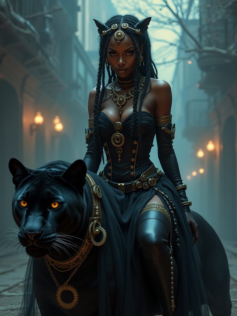 Regal Ebony Beauty Queen Rides Majestic Black Panther in Ste...
