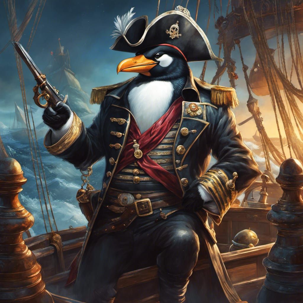 Penguin Pirate Captain on Ship: Conceptual Art