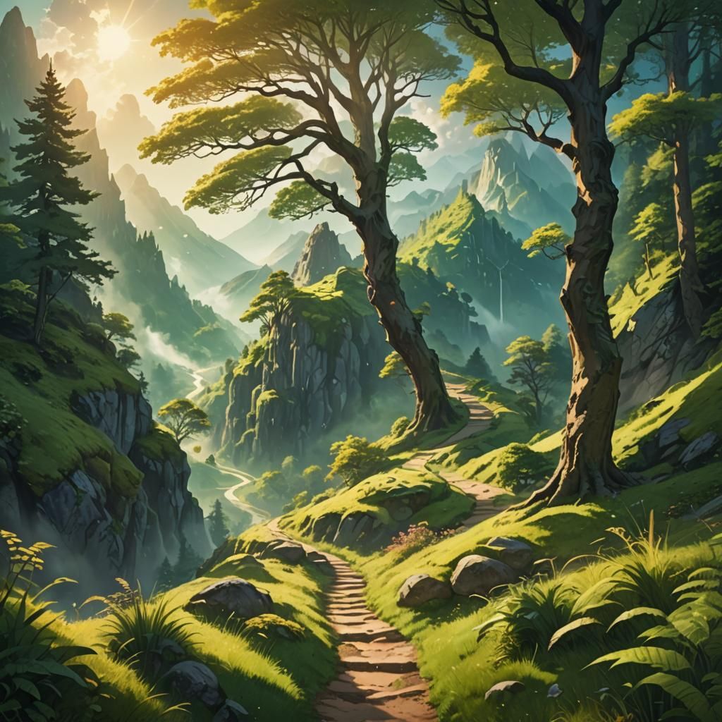 Fantasy Landscape: Mountain Trail in Anime Style
