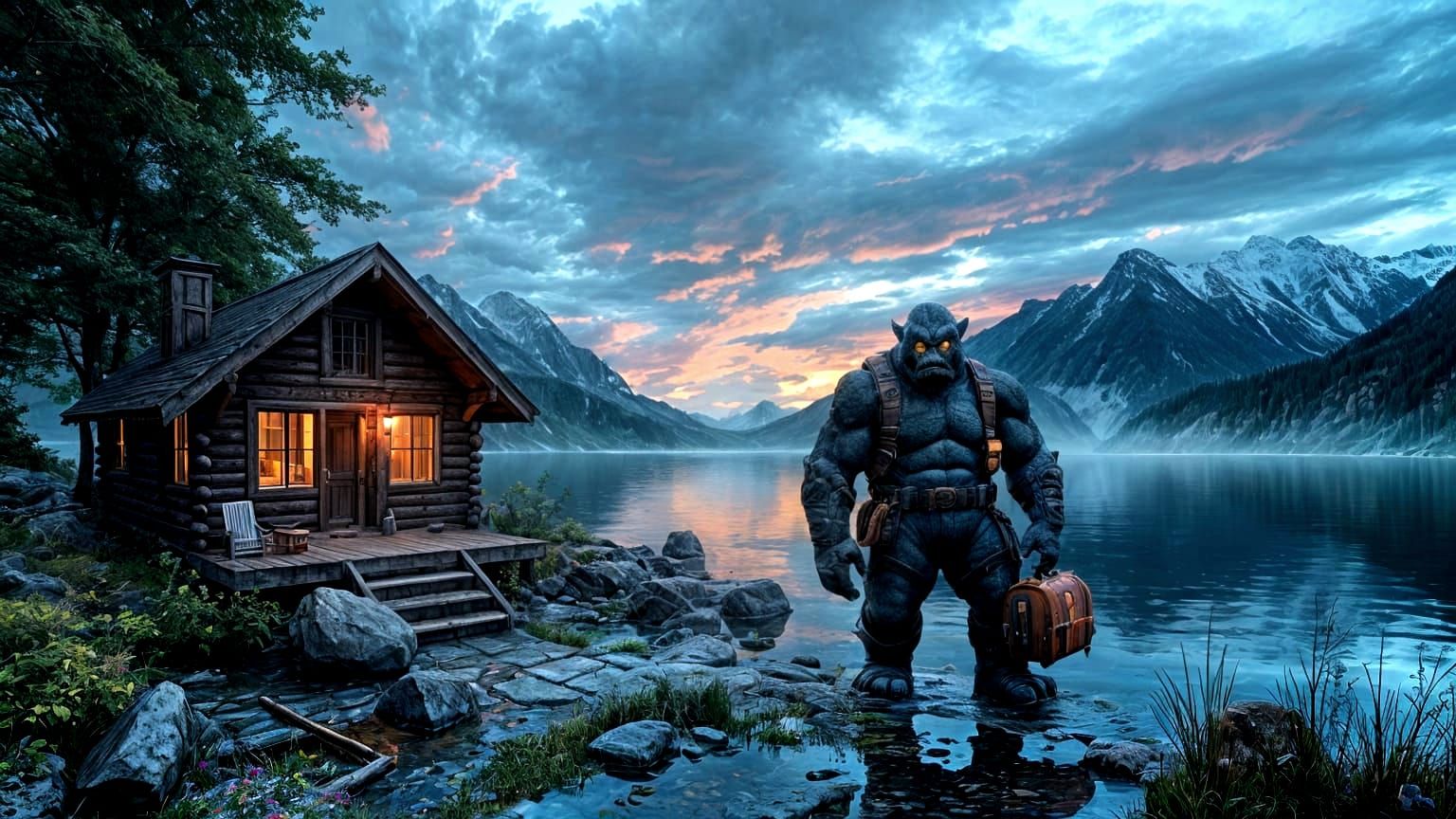 Monster Visits Calm Lakeside Cabin in Detailed Matte Paintin...