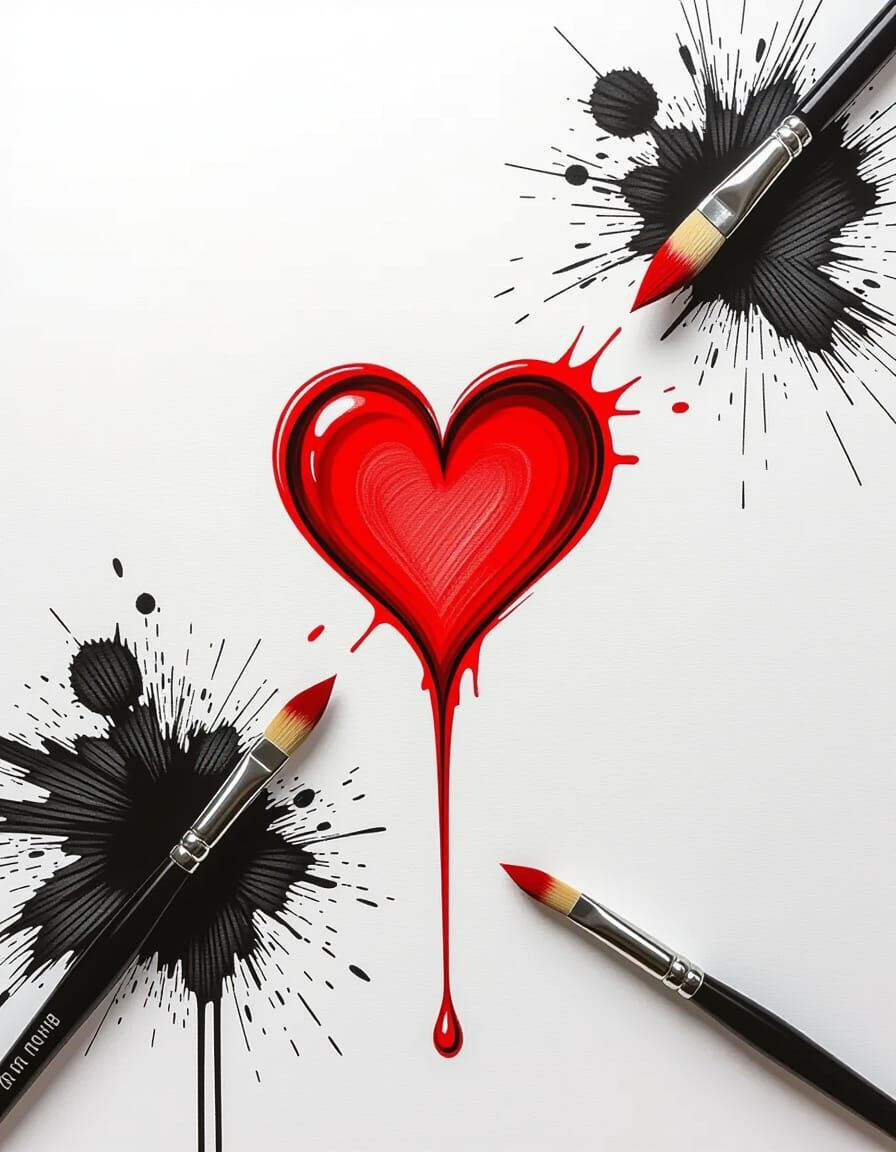 Red Ink Heart Drop with Black Lines in Minimalist Style