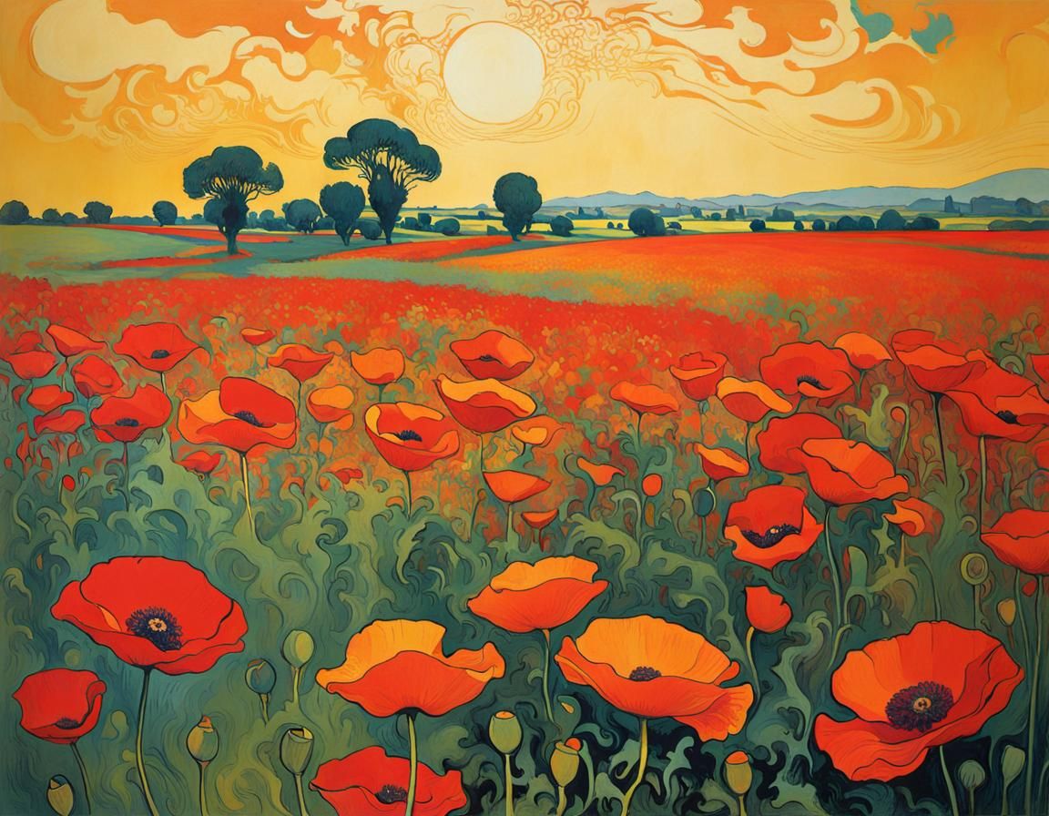 Psychedelic Poppy Fields Lithograph, Lautrec Style