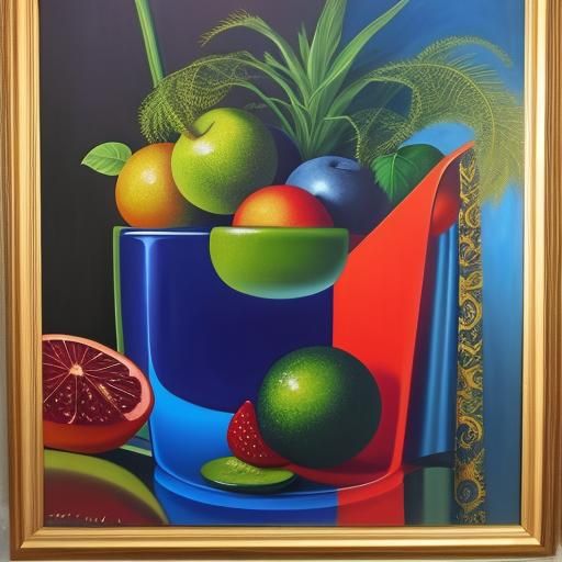 Photorealistic Surrealist Bowl of Fruit in Triadic Colors