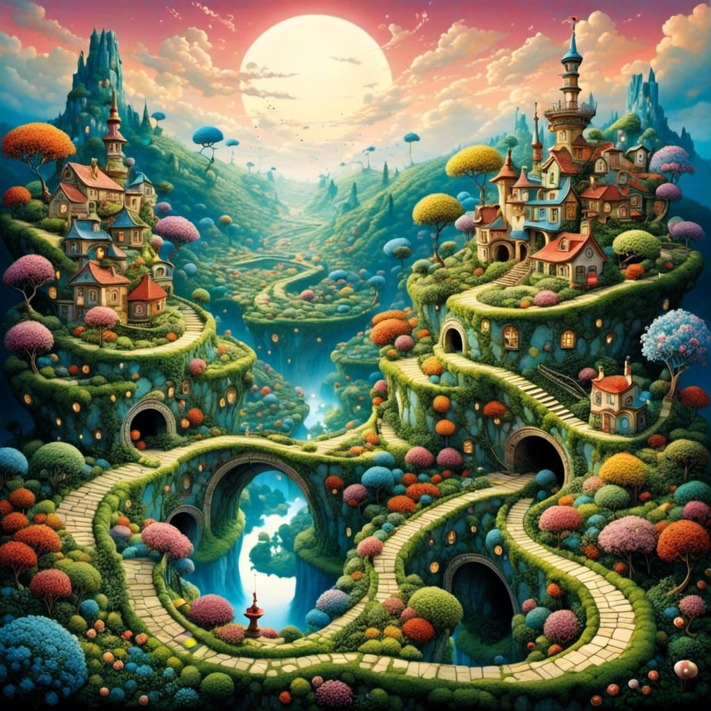 Surreal Patchwork Landscape in Storybook Style