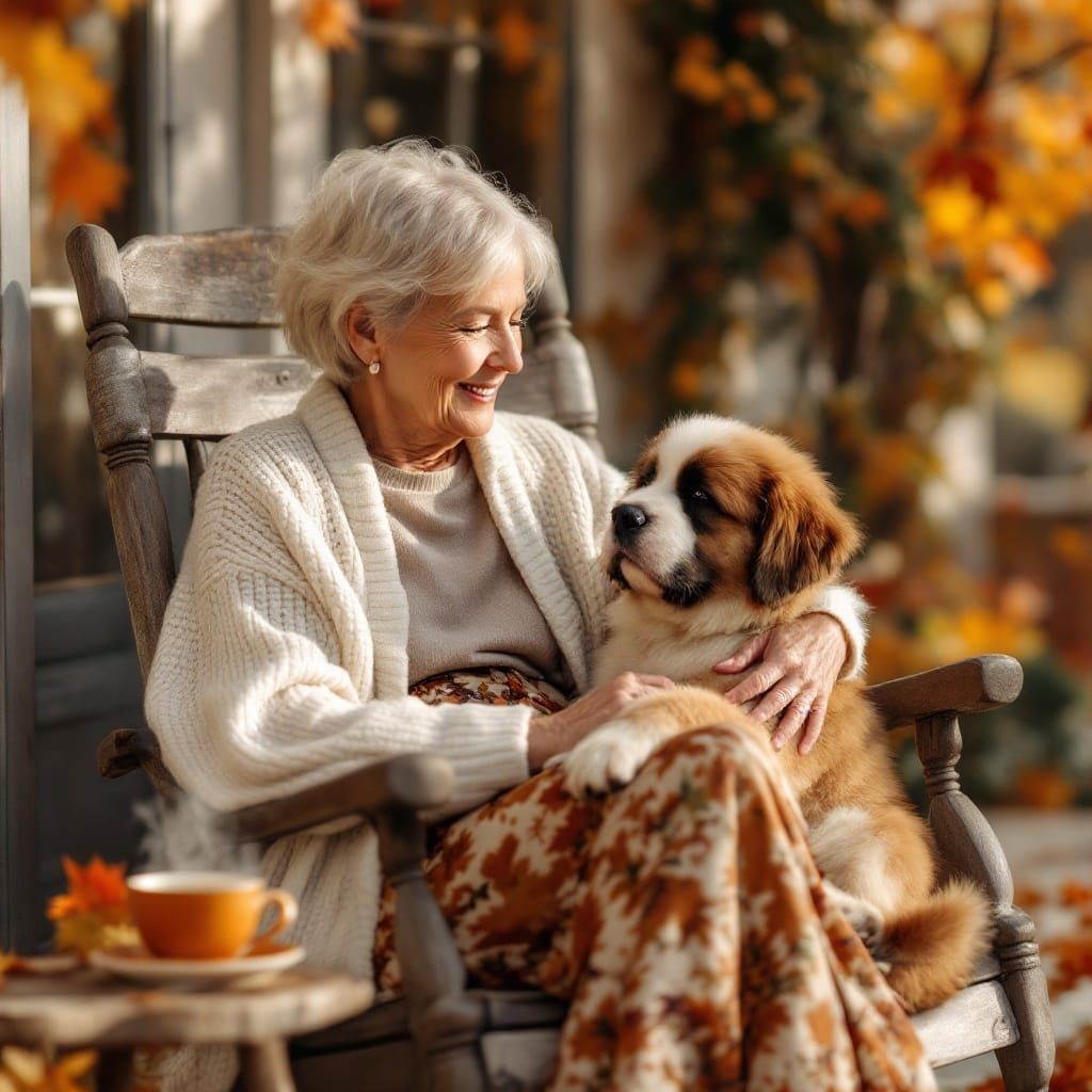 Warm Autumn Afternoon with Grandmother and Saint Bernard