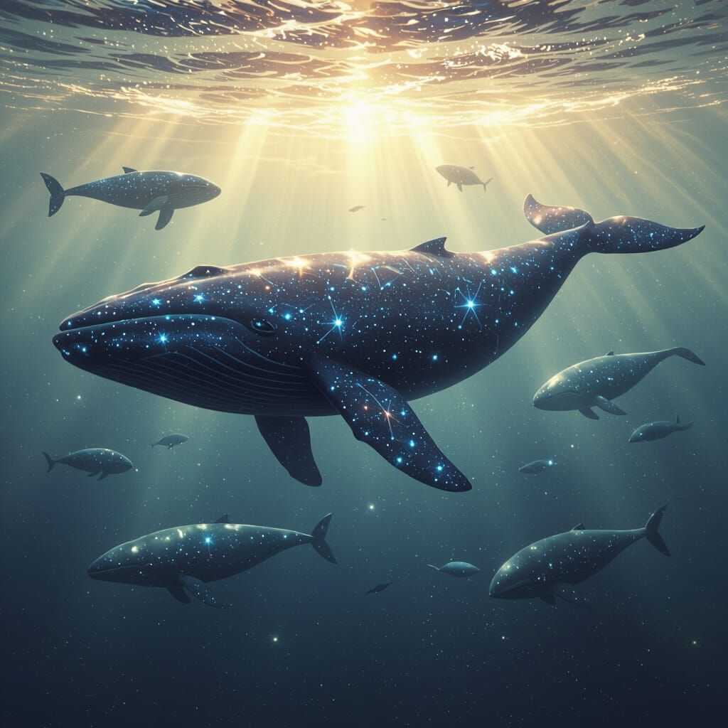 Starwhales With Constellation Patterns in Dark Fantasy Art